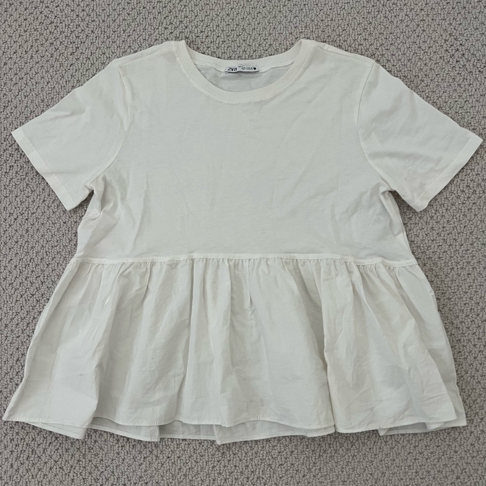 Zara White Short Sleeve Peplum Top- small
